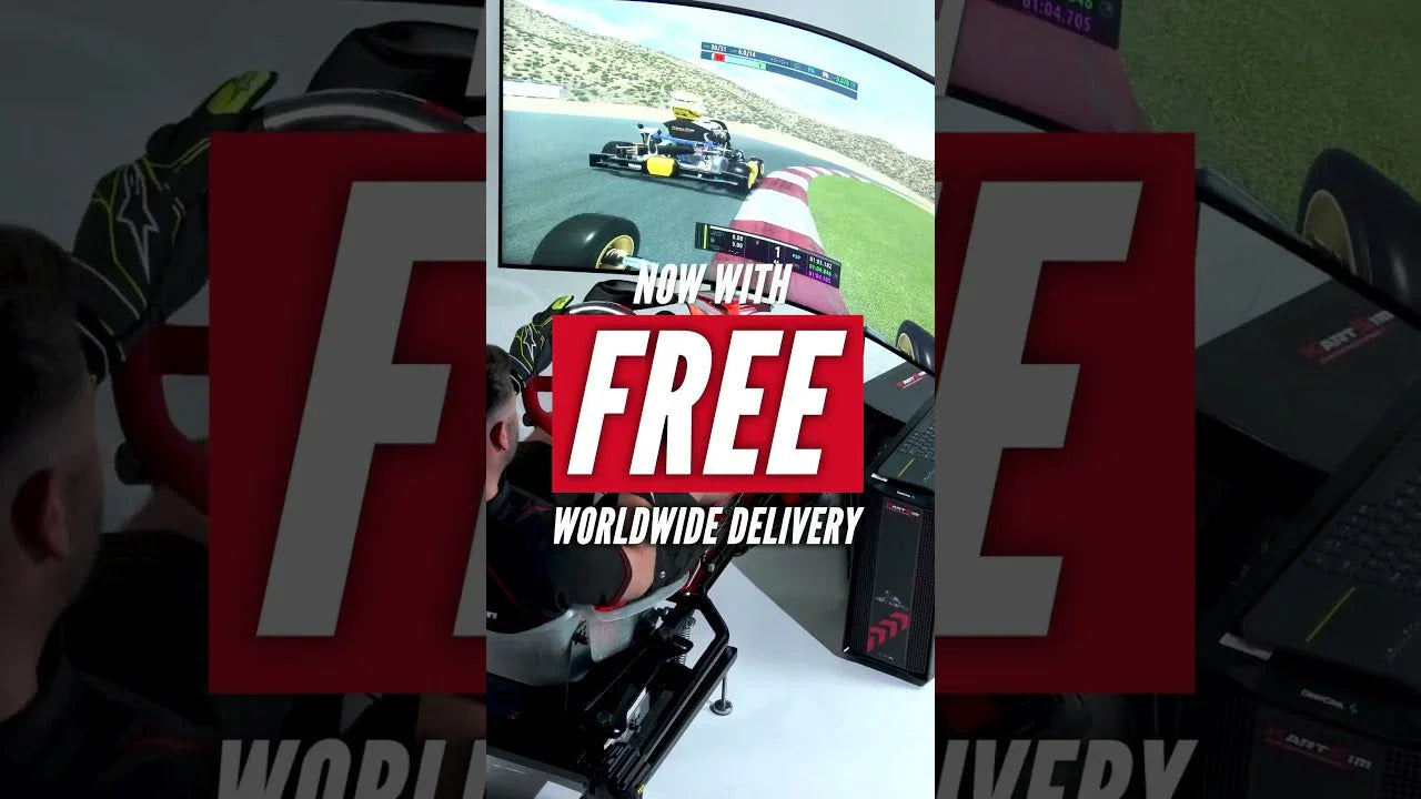 Professional kart simulator rig with realistic racing interface, driver in training posture, and telemetry display
