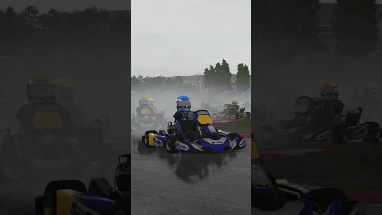 Realistic kart racing simulator showing multiple kart drivers racing in wet track conditions for driver training