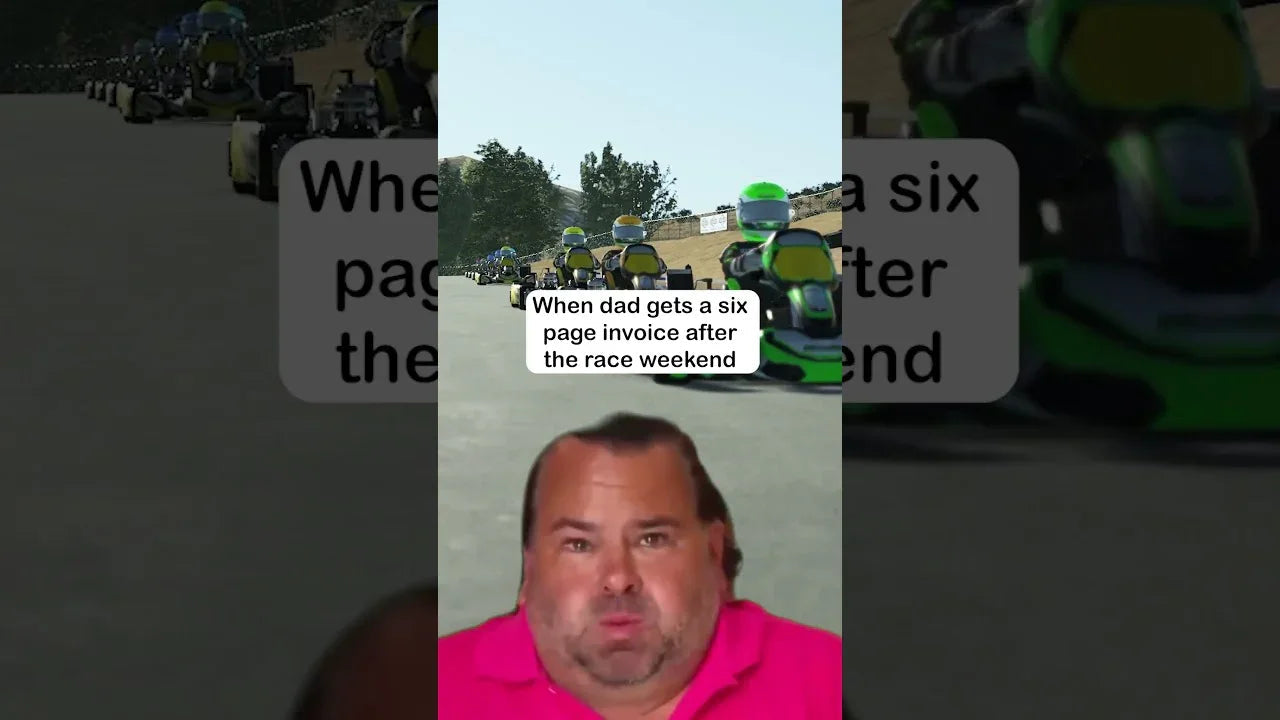 Funny karting meme showing a dad’s shocked reaction to a post-race invoice, overlaid with in-sim racing action from KartSim.