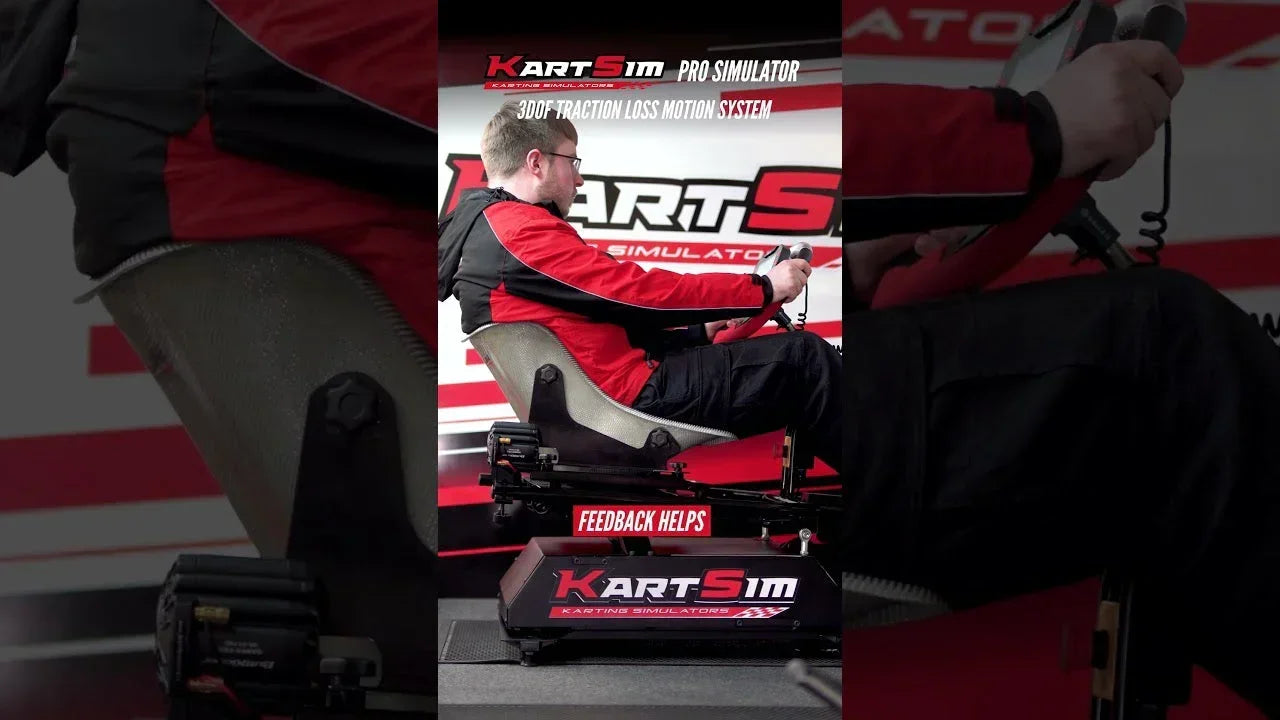 Driver using the KartSim Pro Simulator with a 3DOF motion platform and traction loss system for race training.