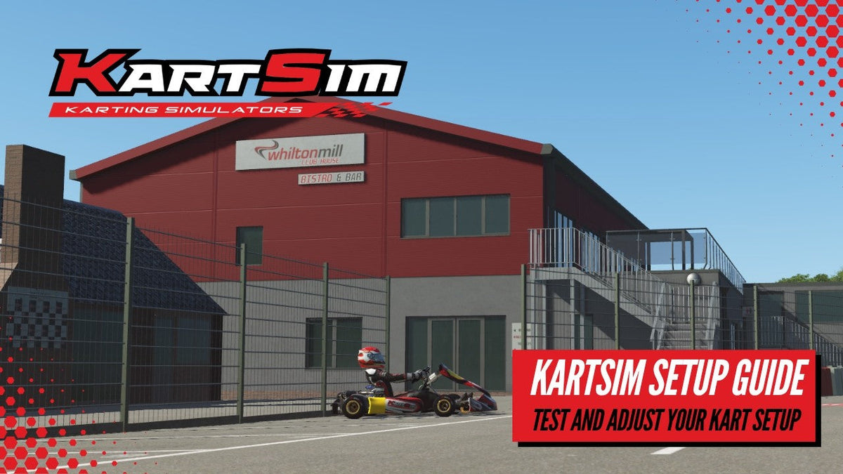 Driver using KartSim Pro Software to test kart setup changes in a realistic professional karting simulation environment.