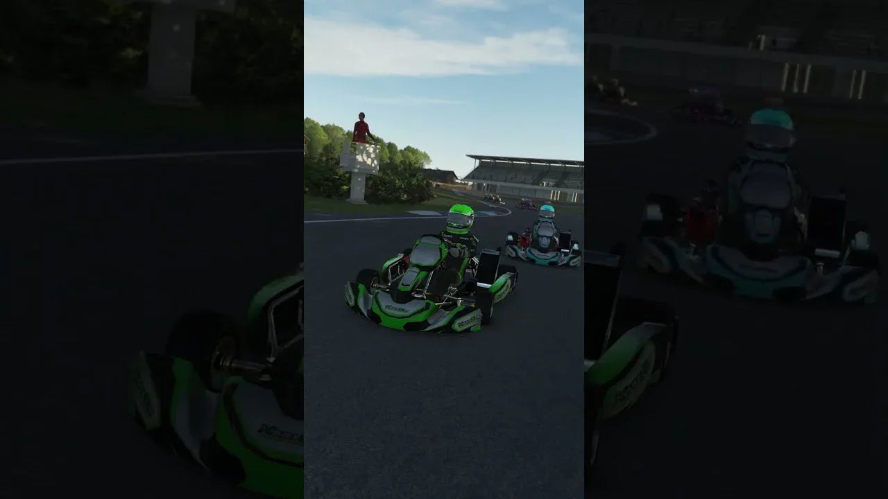 Realistic kart racing simulator with green go-kart on LiDAR scanned track, driver training environment for performance improvement