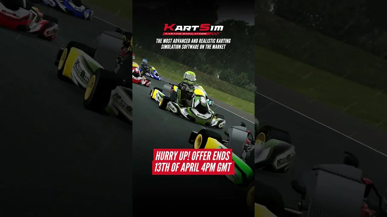 KartSim simulator software showing realistic kart racing with multiple drivers on a wet track, enhancing kart driver training.
