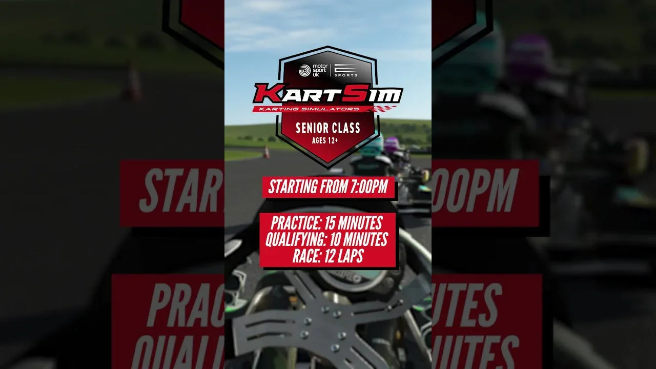 Kart racing simulator event for senior class featuring realistic simulator cockpit and on-track kart action, ages 12+.
