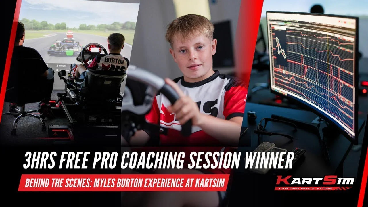 Professional kart simulator rig with realistic seating, driver in training, and kart racing telemetry screen