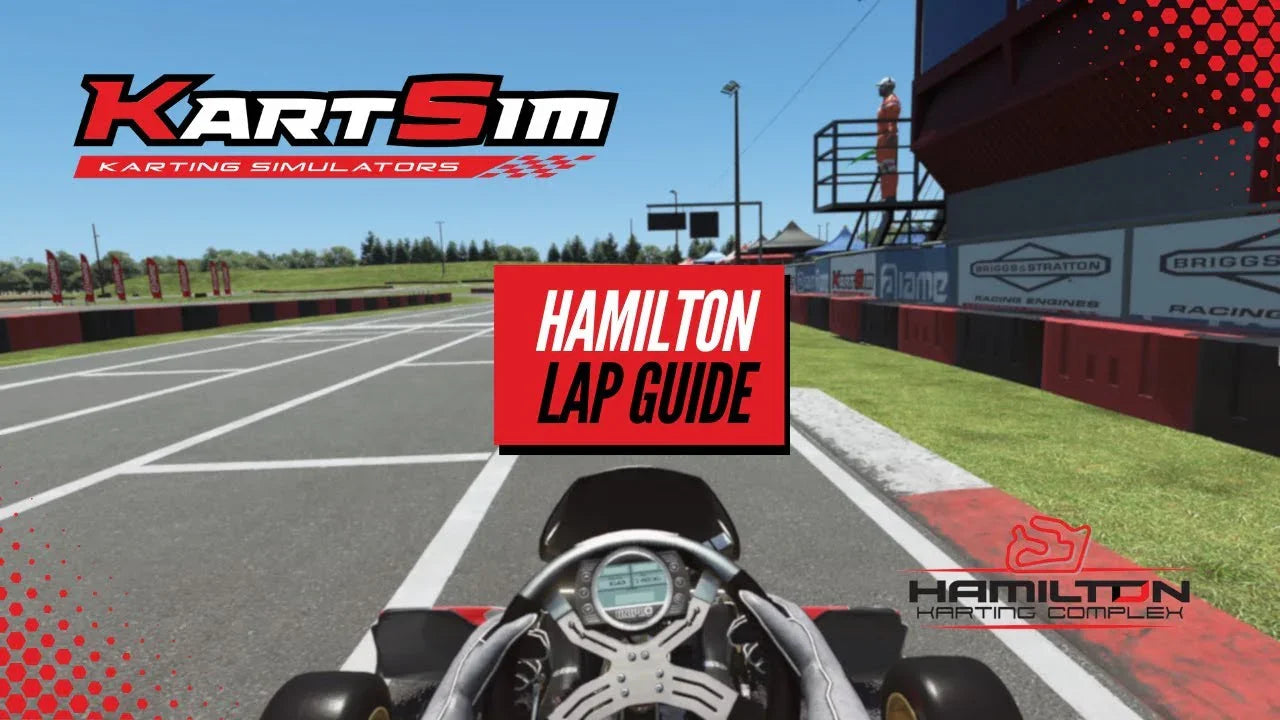 Realistic kart racing simulator cockpit view showing Hamilton track for kart driver training and lap analysis.