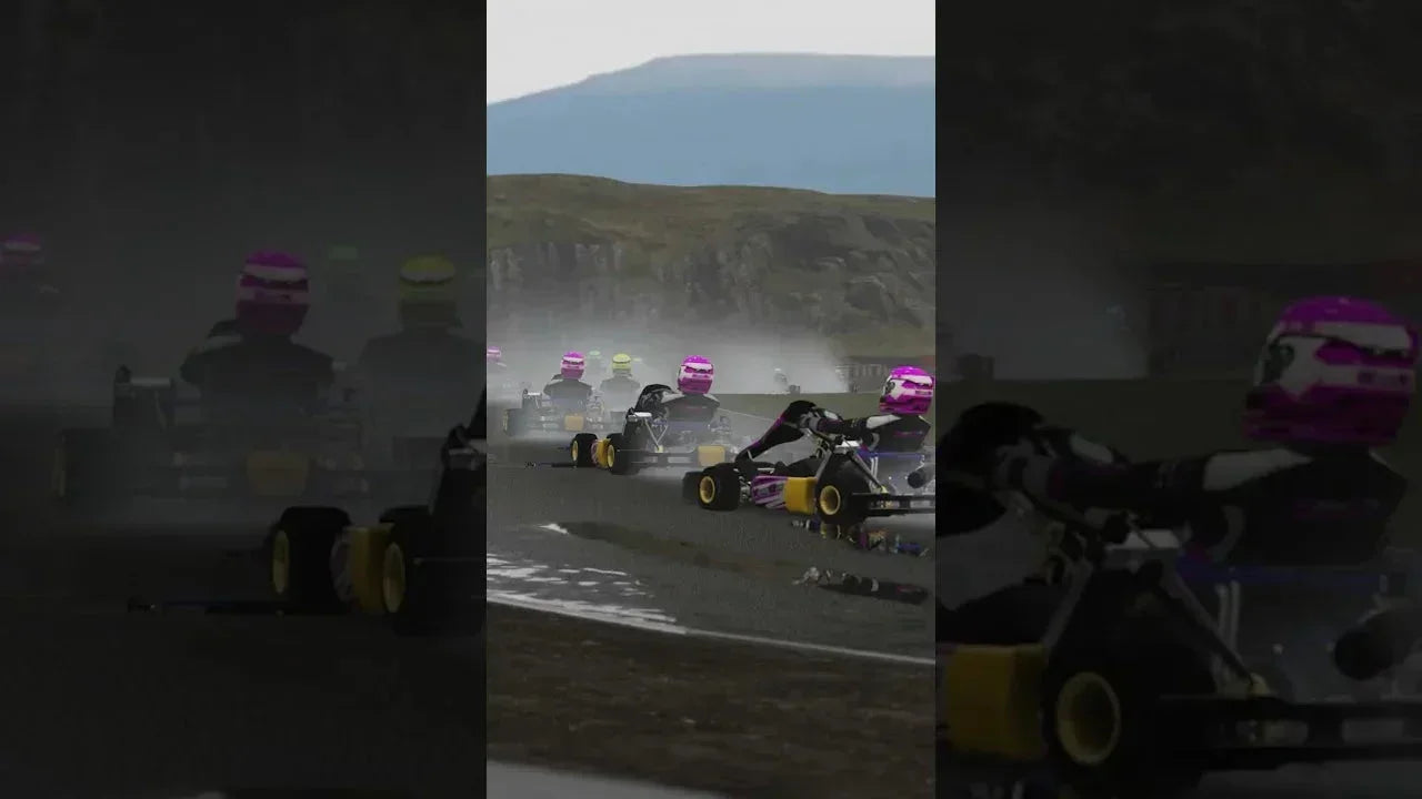 Multiple kart drivers racing on a wet, realistic track in professional kart racing simulator environment
