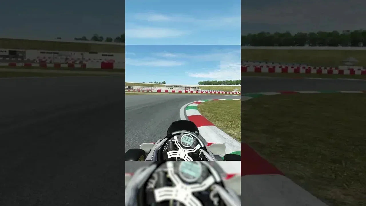 kart simulator first-person view on a realistic racing track with telemetry HUD for driver training