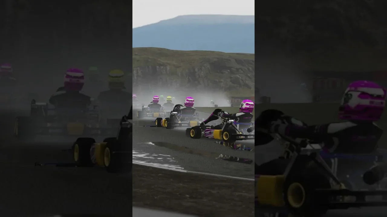 Pro drivers training on KartSim Pro simulator at Rowrah, showcasing realistic karting simulation and elevation changes.