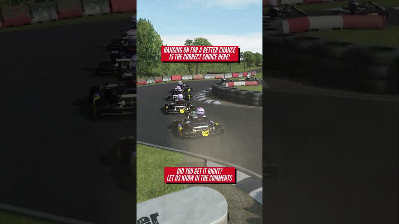 Kart racing simulator showing competitive karts on realistic track with training decision prompt