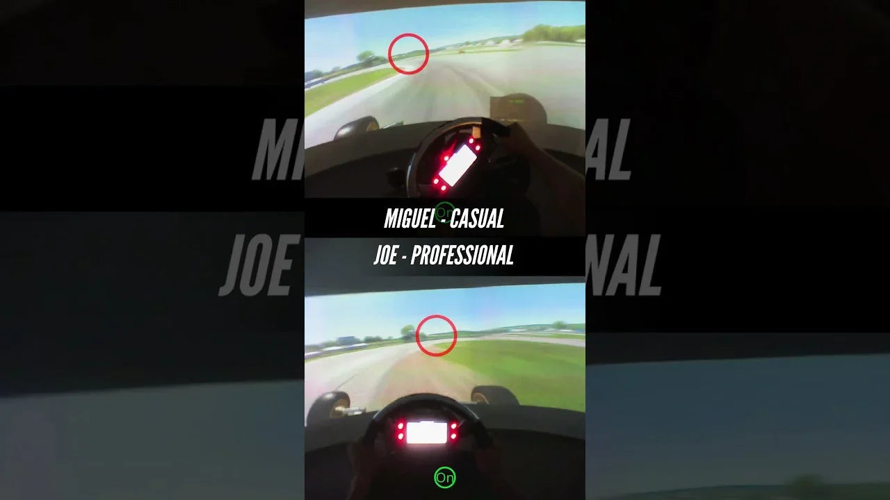 Side-by-side comparison of kart driver training on a professional kart simulator with telemetry HUD.