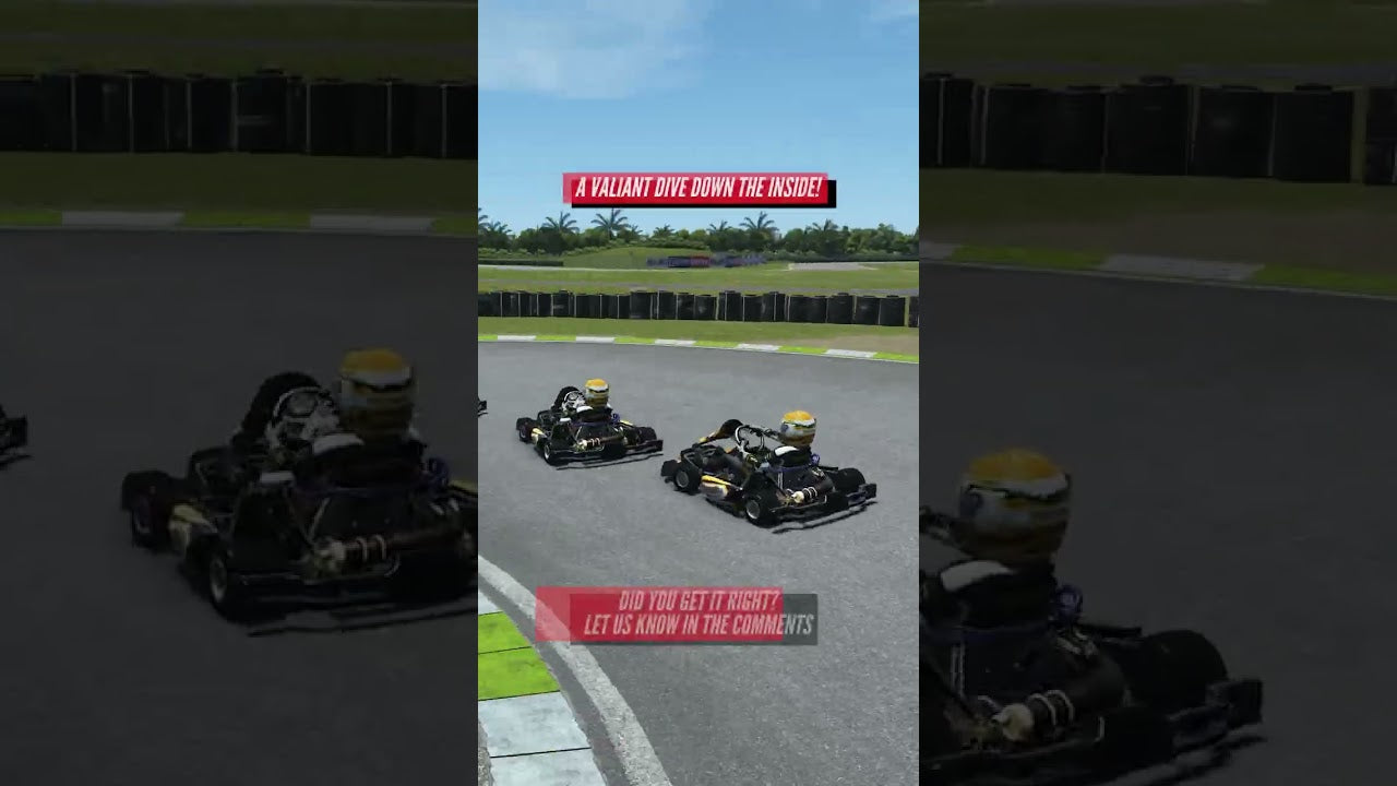 Kart racing simulator showing two karts battling for position on a realistic track with racing telemetry overlay