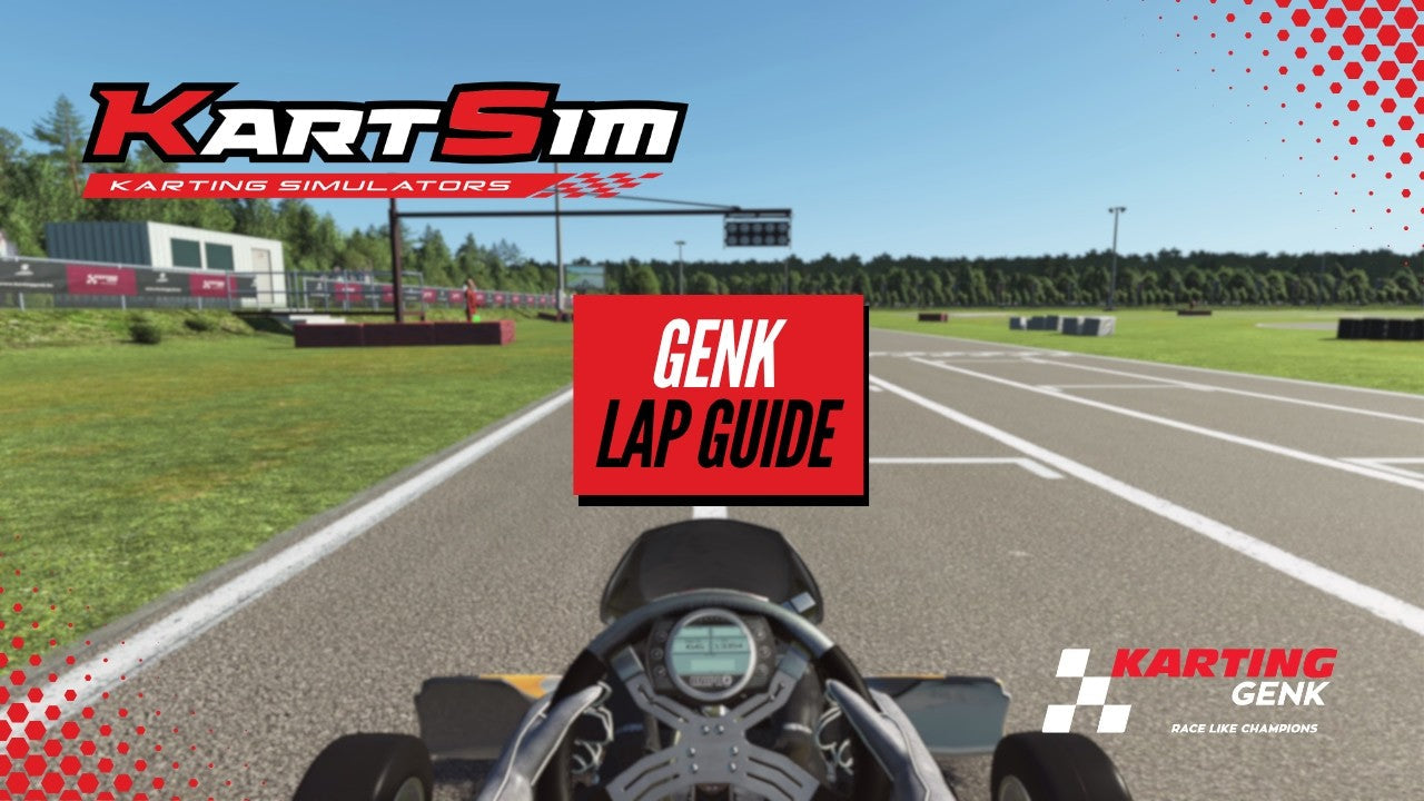 KartSim simulator cockpit view on Genk track with lap guide, realistic kart racing environment for driver training