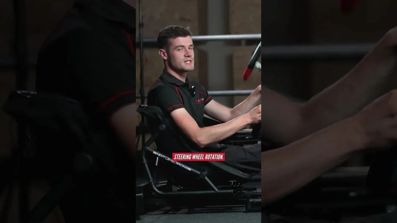 Driver in professional kart simulator rig demonstrating realistic seating and steering wheel rotation for karting training