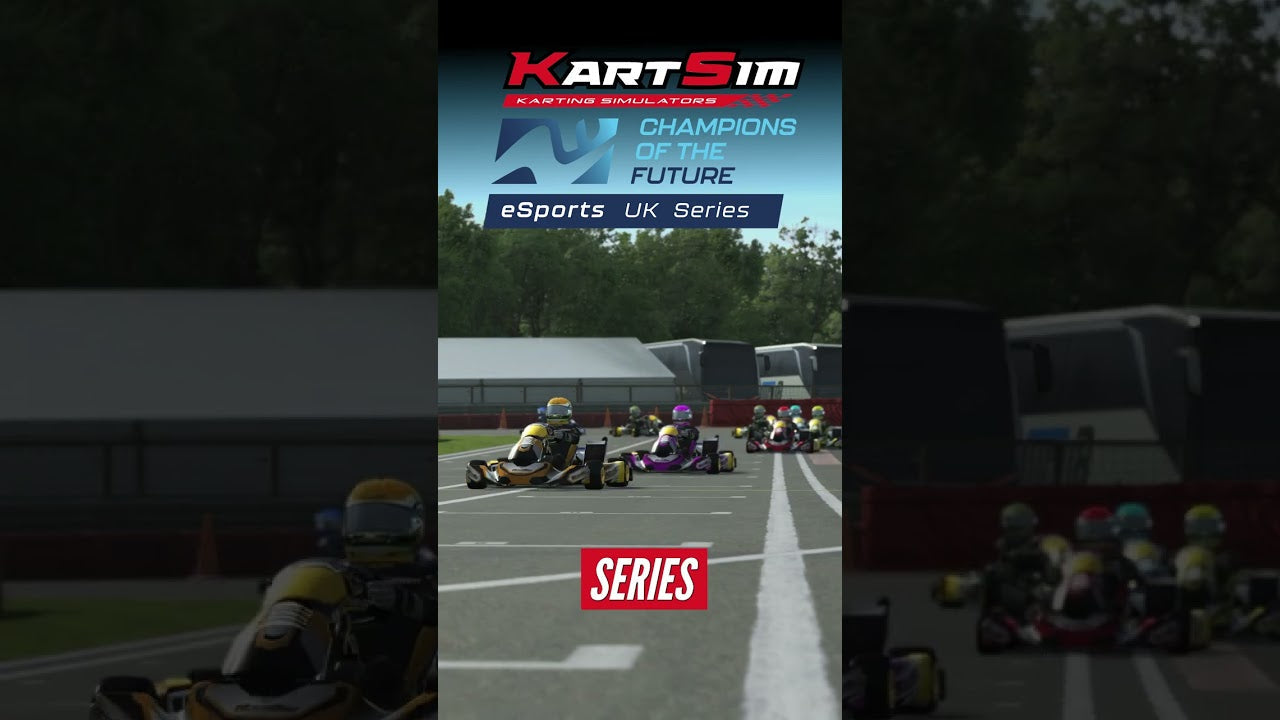 KartSim eSports UK Series race with realistic karting simulators and professional drivers competing on a virtual track.