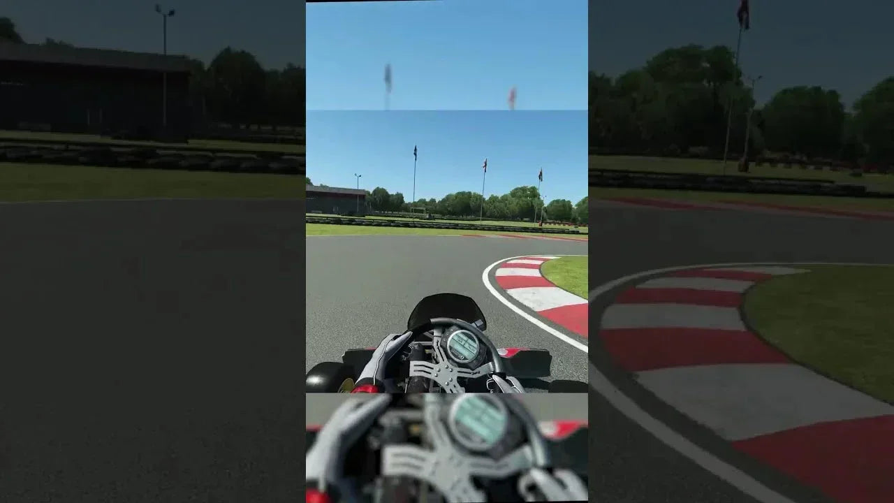 kart racing simulator showing driver’s POV, HUD display and realistic track for professional karting training