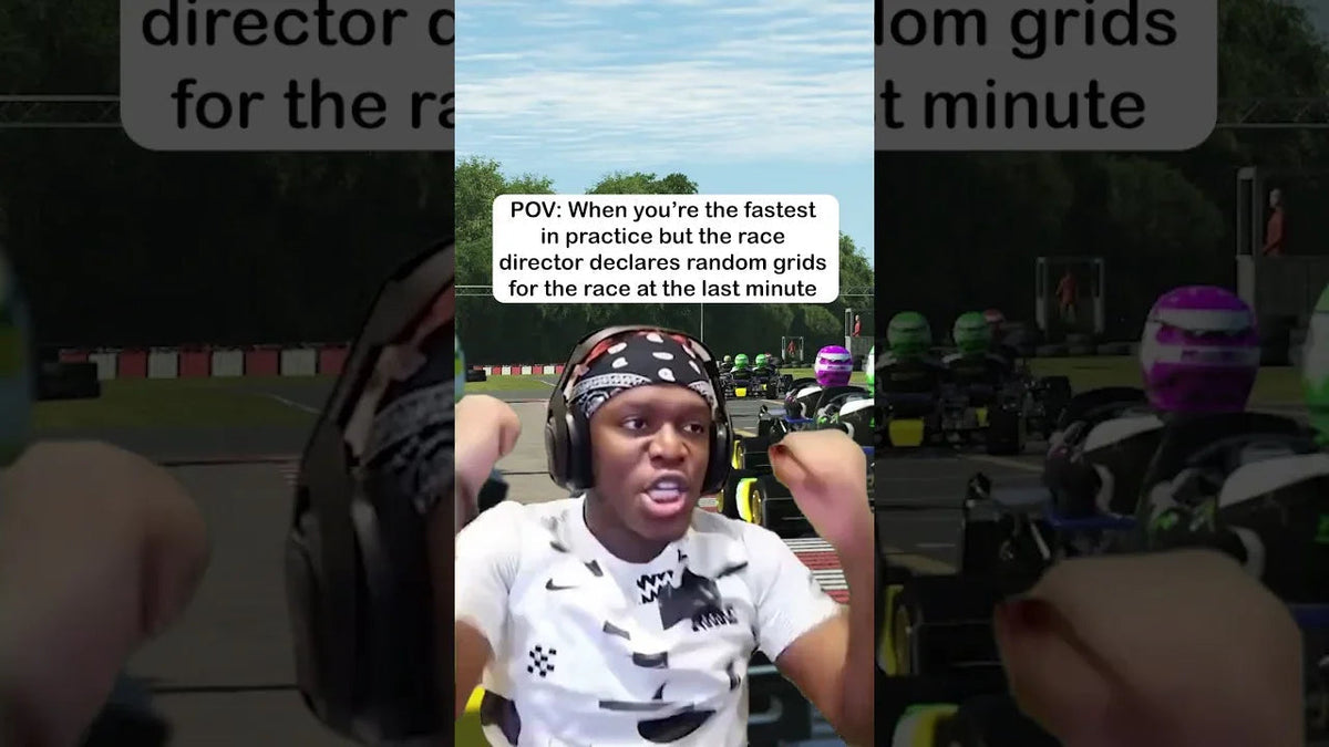 Kart racing simulator scene with animated driver reacting, featuring realistic training environment and grid lineup
