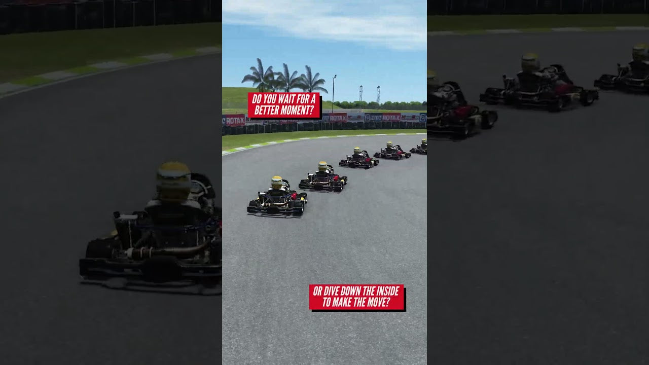 Kart racing simulator showing competitive overtaking on realistic track with driver training decision prompts