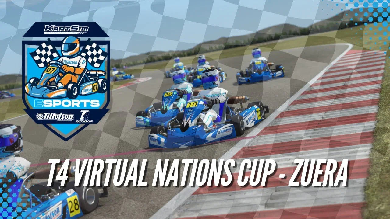 Professional kart simulator esports event featuring virtual drivers racing on realistic track, T4 Nations Cup