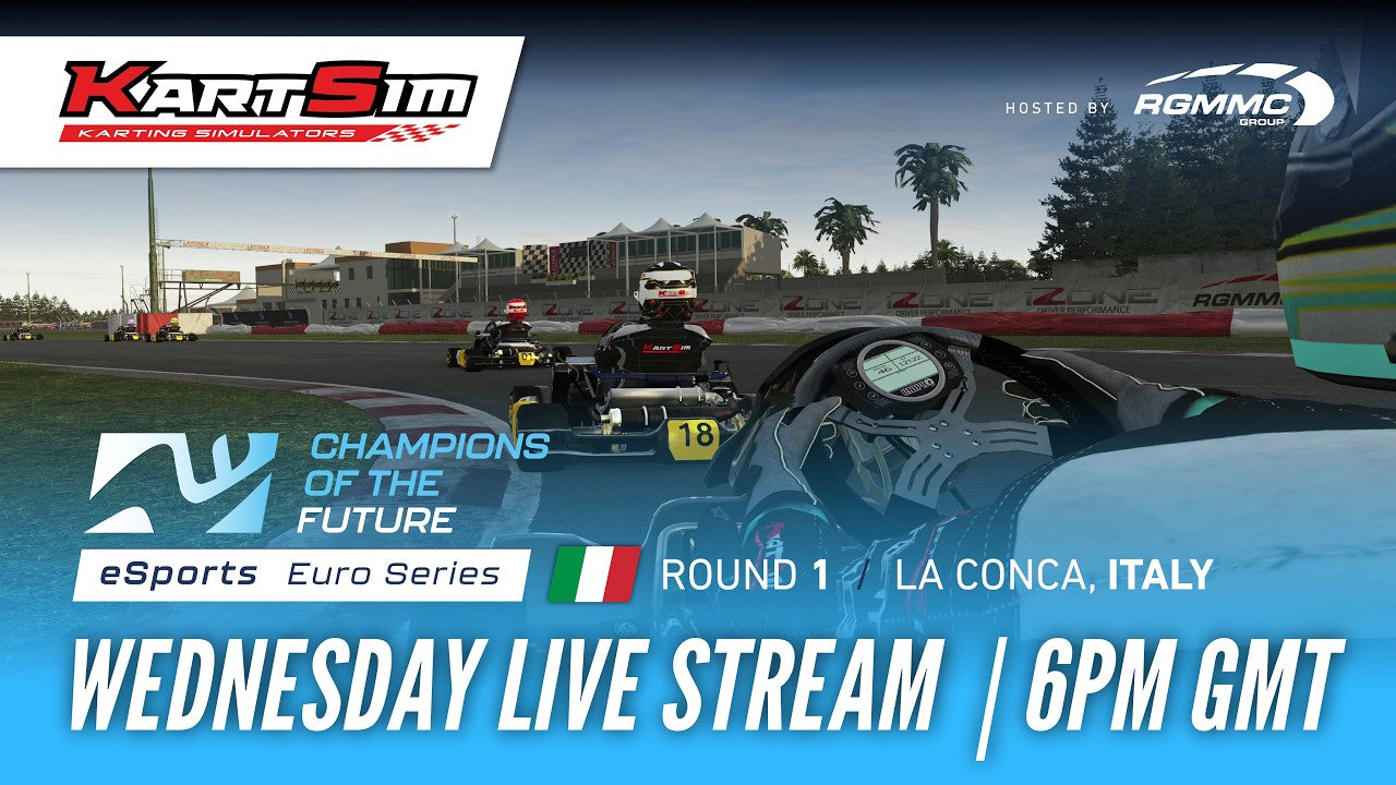 KartSim Champions of the Future Euro Series finals live stream showing elite esports karting competition on a realistic kart simulator platform used for driver training and coaching.