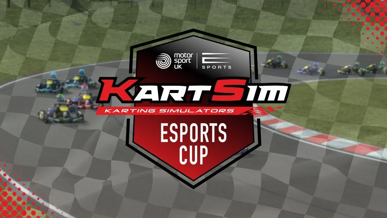 Kart racing simulator esports cup logo overlaying realistic track and virtual kart drivers in competition.