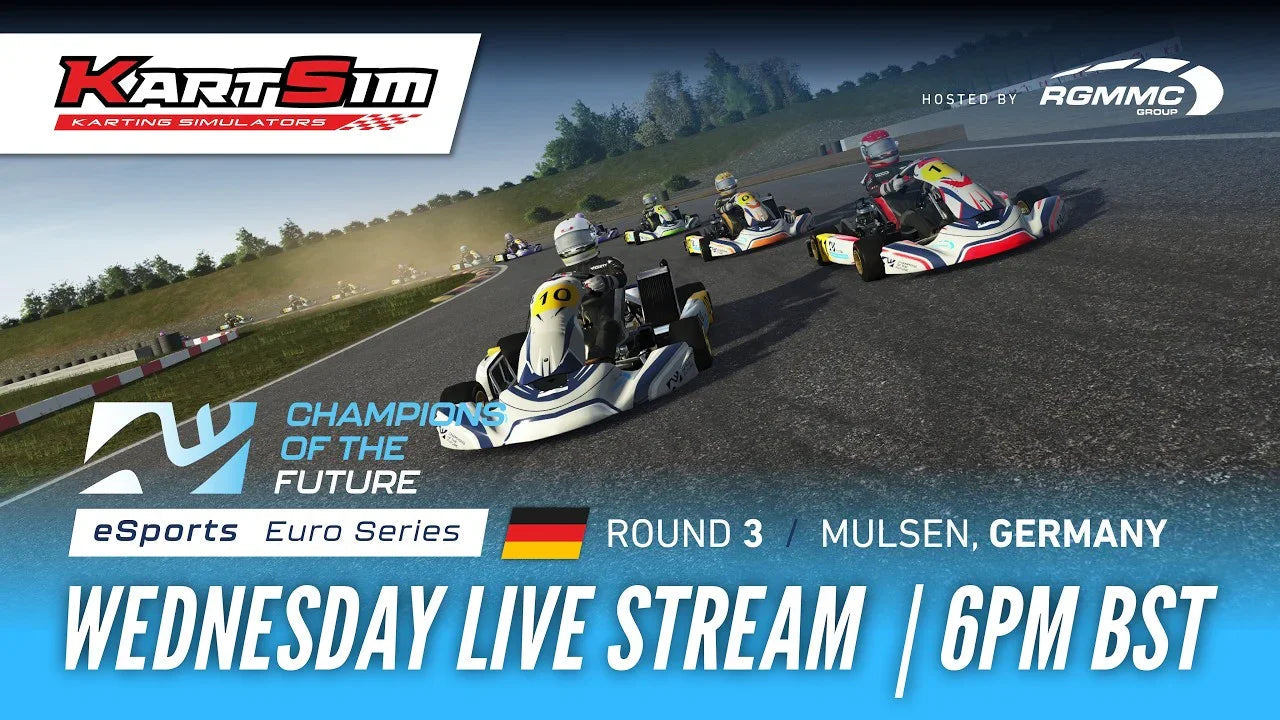 KartSim esports racing event with drivers competing on realistic track, Round 3 Mulsen Germany live stream