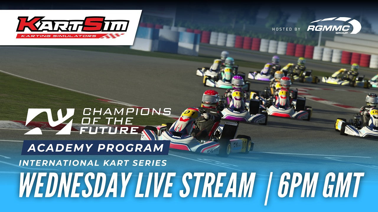 Drivers racing in a KartSim esports event using professional karting simulation for racecraft development and performance training.