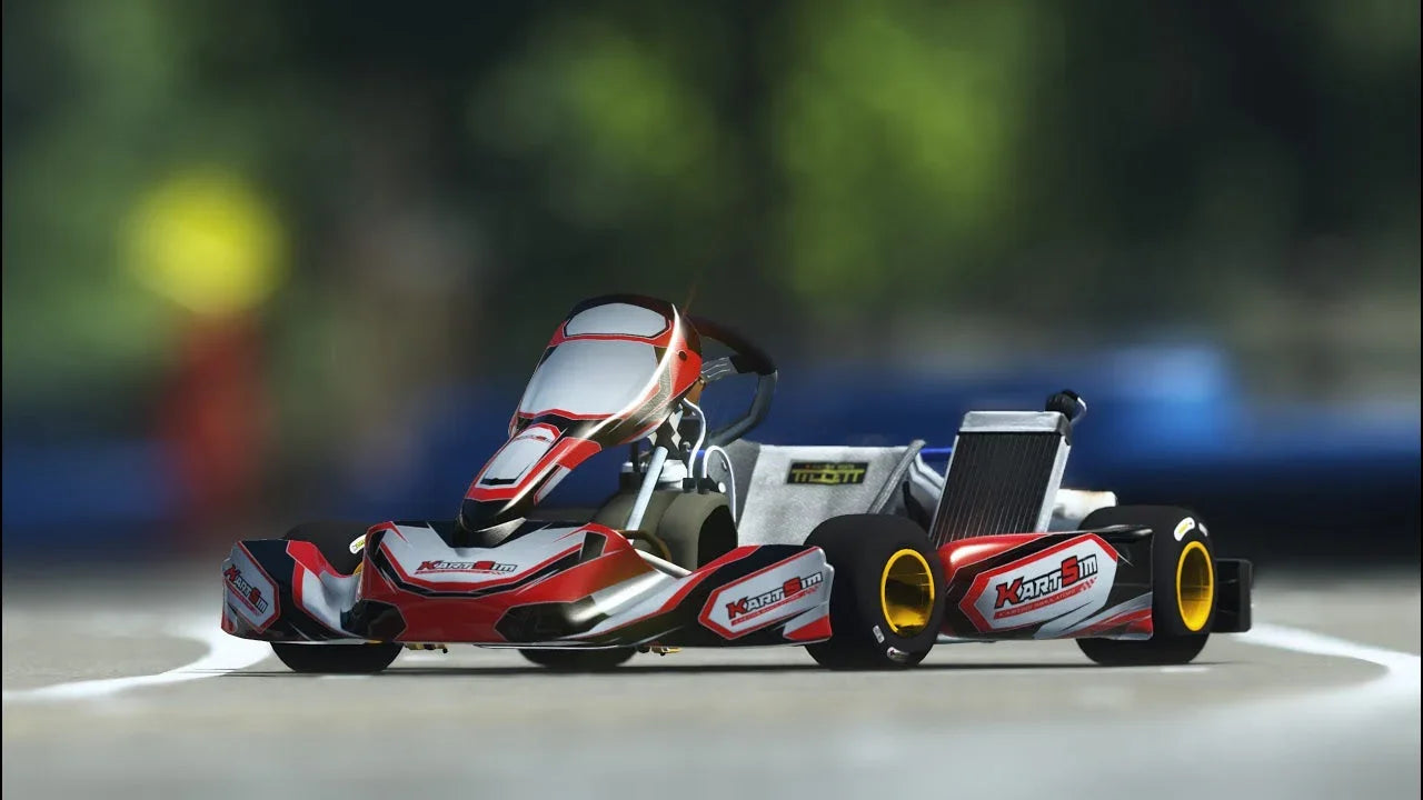 Realistic kart racing simulator model with racing chassis for advanced karting training and driver development.
