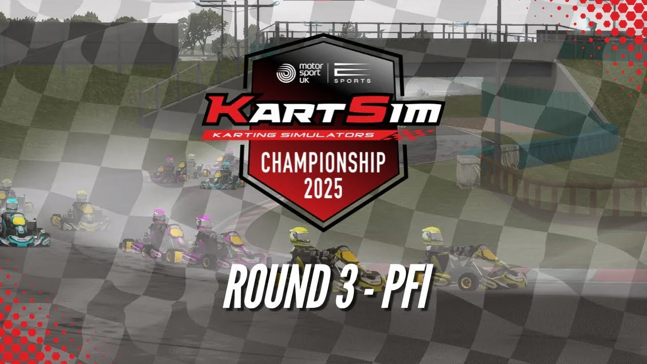 Realistic kart racing simulator championship interface showing kart drivers on a virtual track, PFI round.