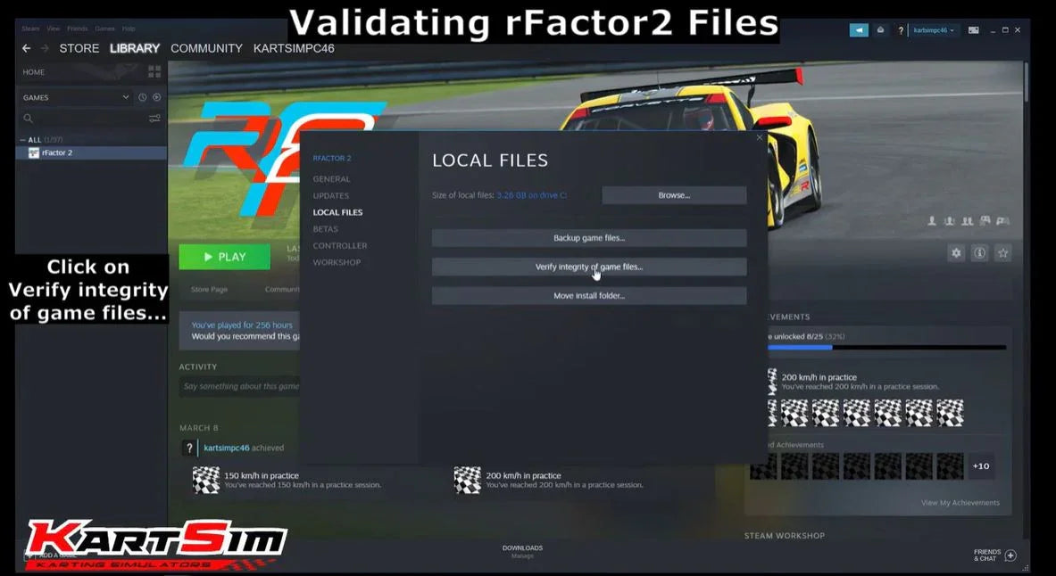 Steam game settings window for rFactor 2 showing verify integrity option for kart racing simulator software