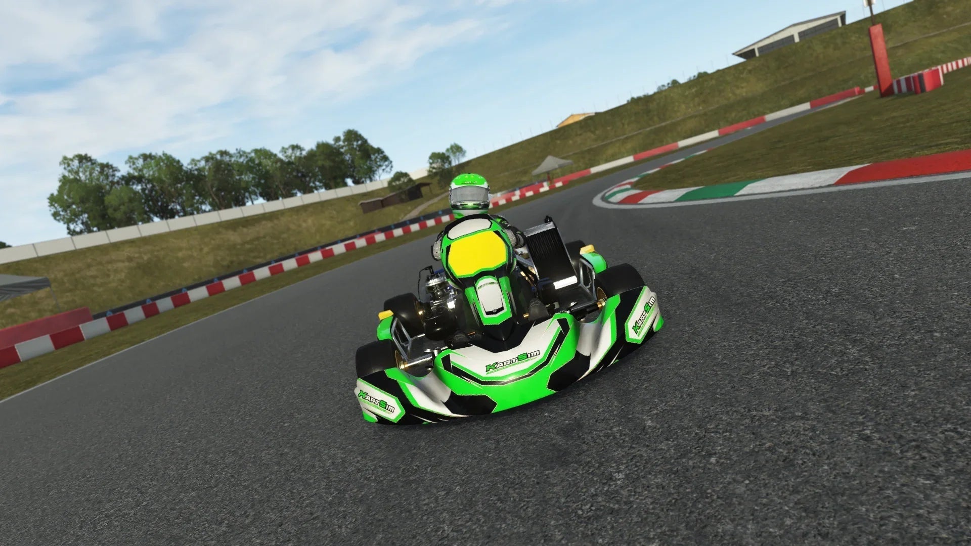 Kart racing simulator software showing a driver in realistic karting training on a detailed track