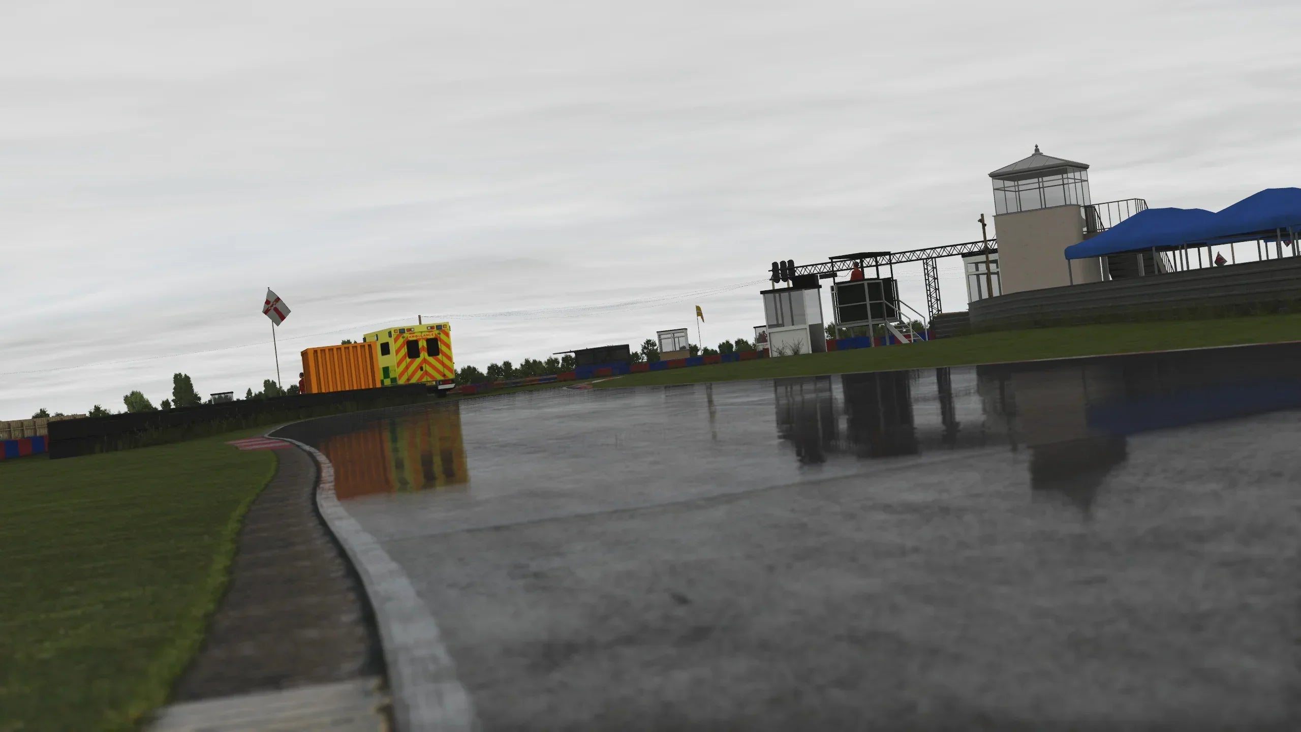 Start/finish straight and timing gantry at Clay Pigeon, modelled in KartSim.