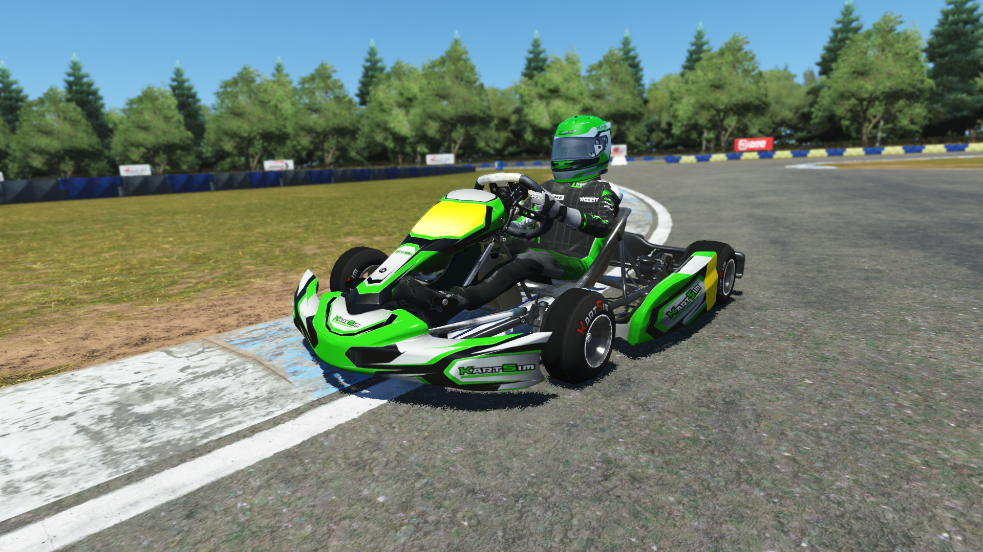 Kid kart driver in green and black racing suit driving on track with forest background