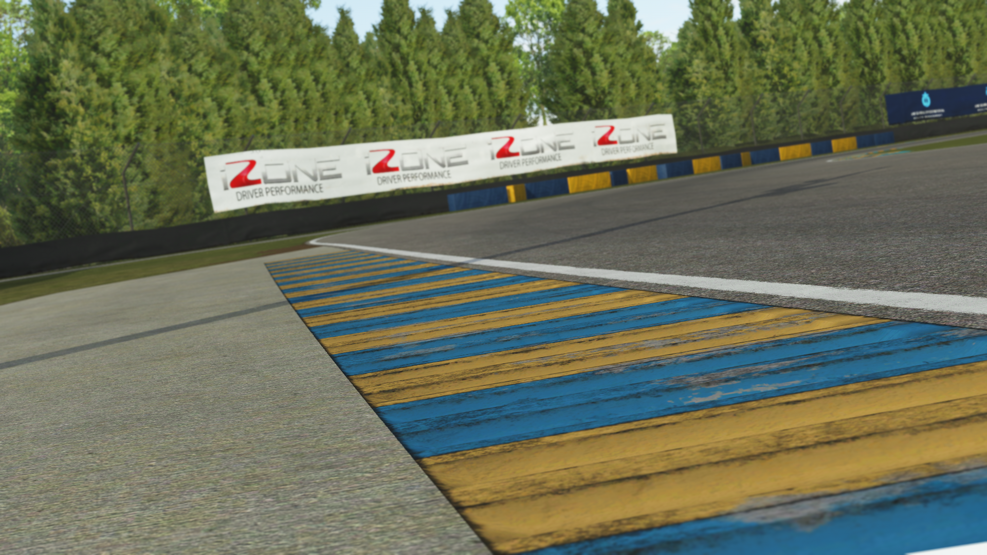 KartSim 7 Laghi simulation – close-up of signature blue and yellow kerbs for accurate track surface replication and high-fidelity driver feedback
