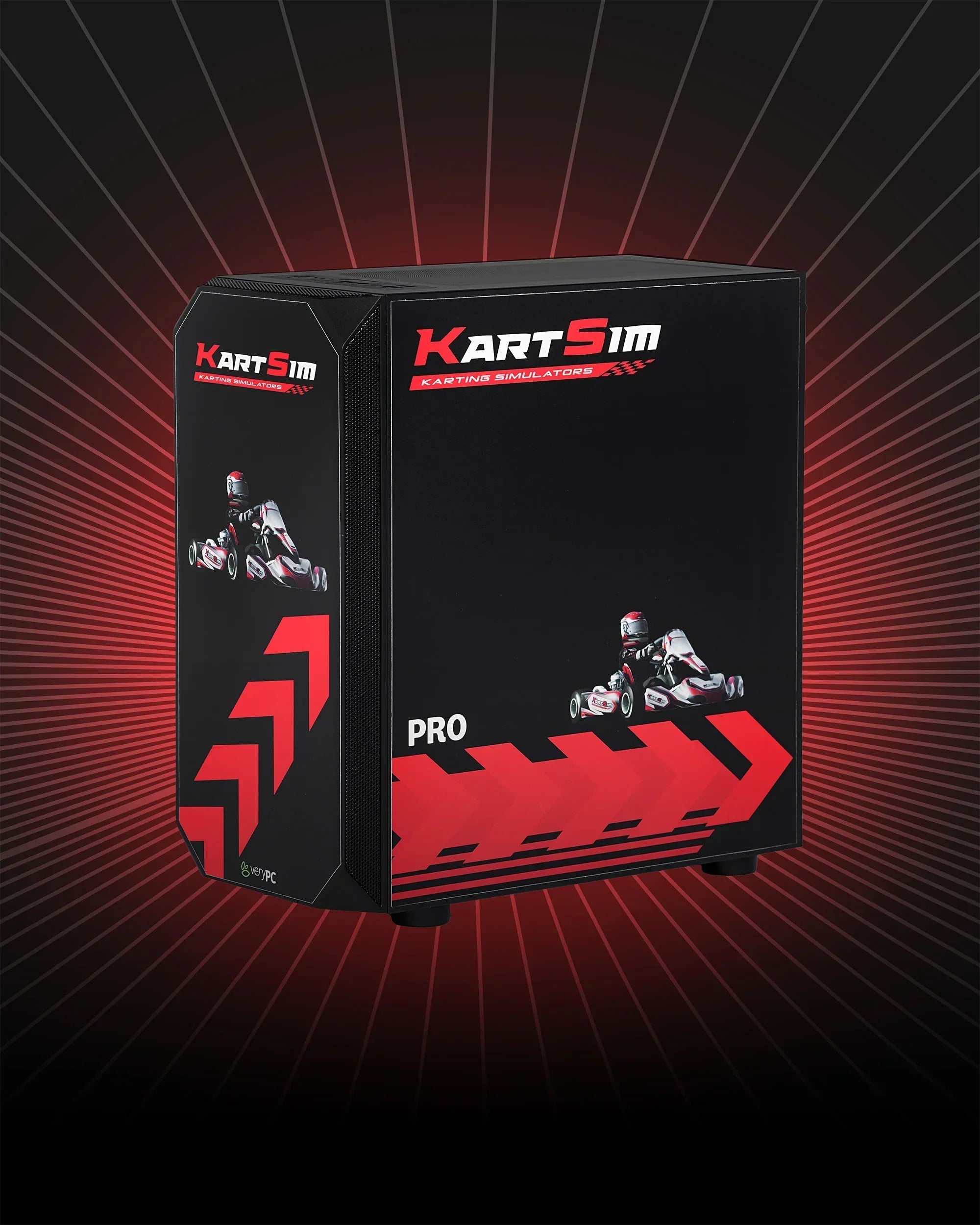 Close-up of the KartSim Pro gaming PC tower, featuring bold red arrow graphics, karting imagery, and the KartSim logo, set against a radiant red background with light streak effects.