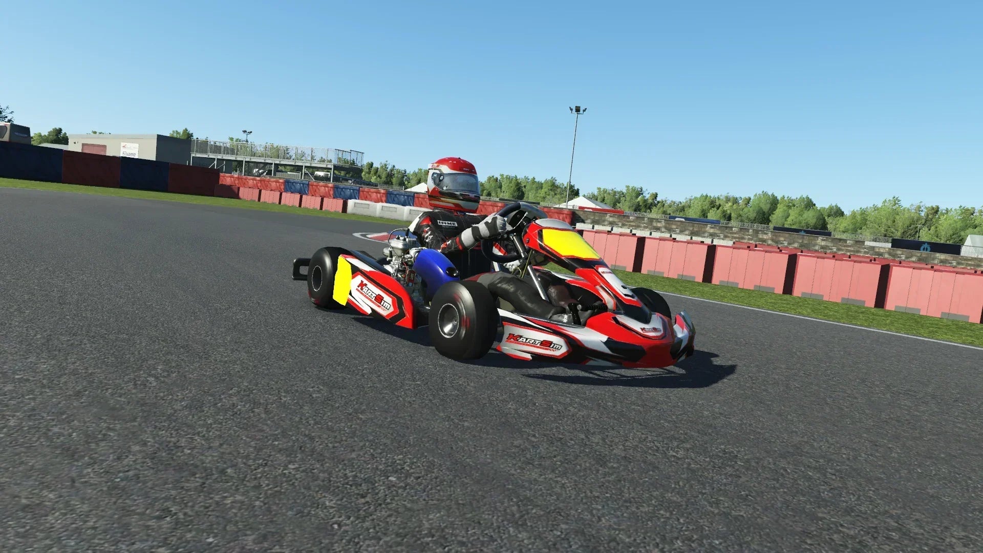 KartSim IAME Water-Cooled Senior kart powers through a high-speed corner, showcasing aggressive red and black livery and high-detail bodywork.