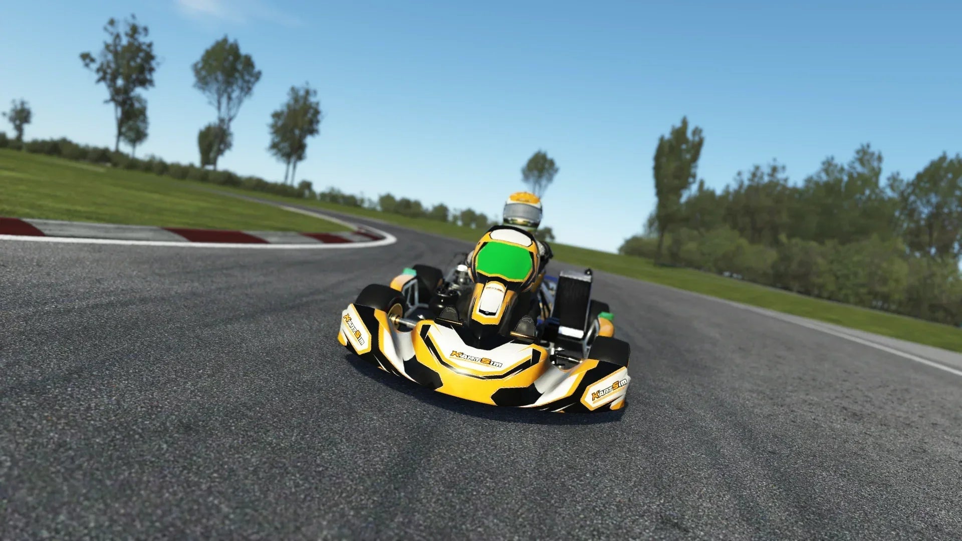 Front-facing view of the KartSim Junior X30 UK kart mid-corner, showing aggressive racing stance and detailed bodywork in the simulation.