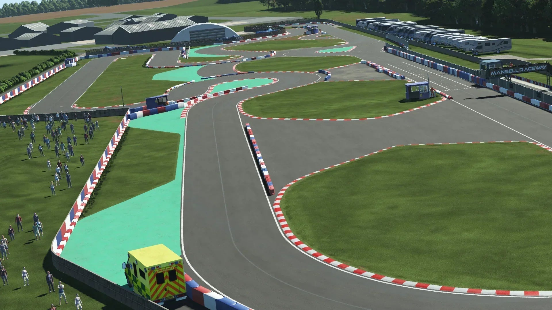 An aerial shot of Dunkeswell Kart Track, capturing the fast, sweeping corners and the challenging technical sections. The circuit is surrounded by lush countryside, creating a scenic yet competitive environment for racing.