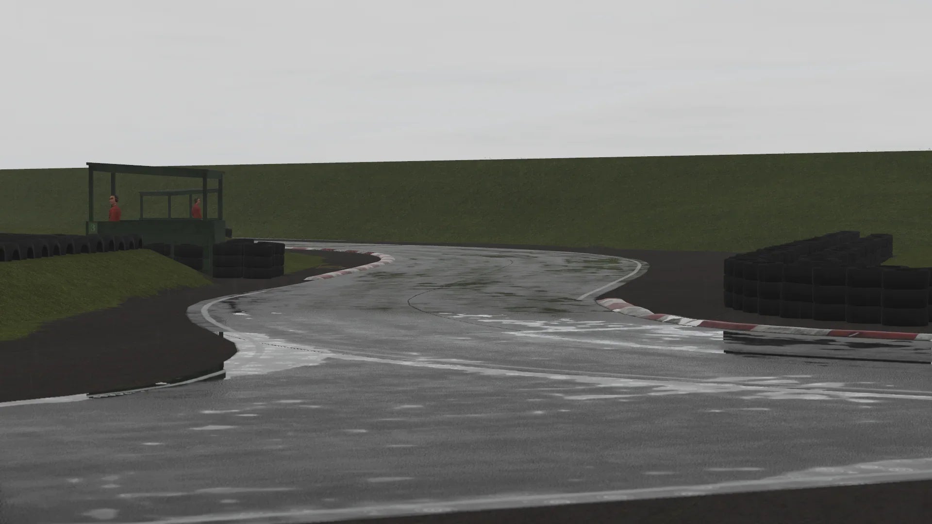 Detailed render of a wet Shenington corner, with realistic puddles and reflections for immersive rain racing simulation.