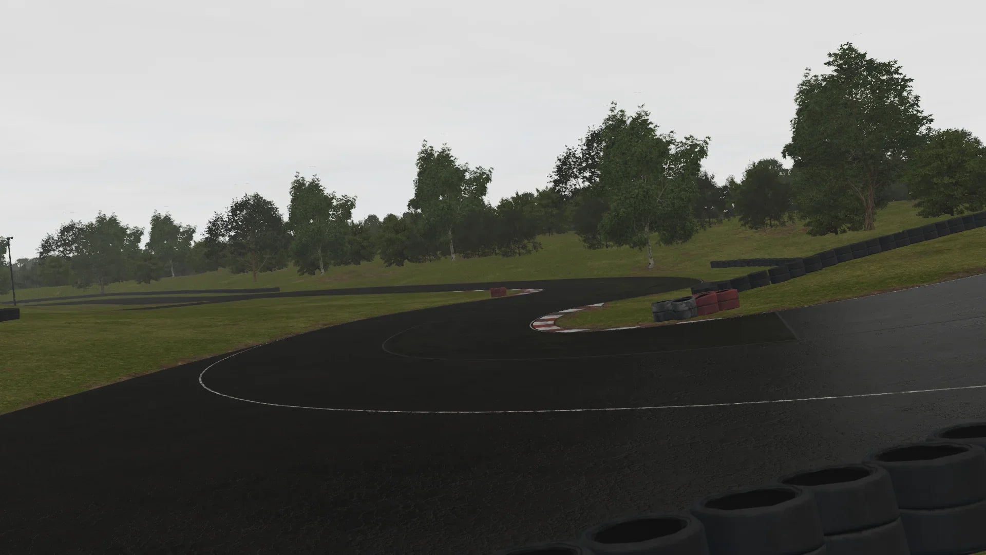 Wide view of Teesside in KartSim on a cloudy day, highlighting the fast, sweeping bends and safety barriers along the edge, framed by the surrounding countryside.