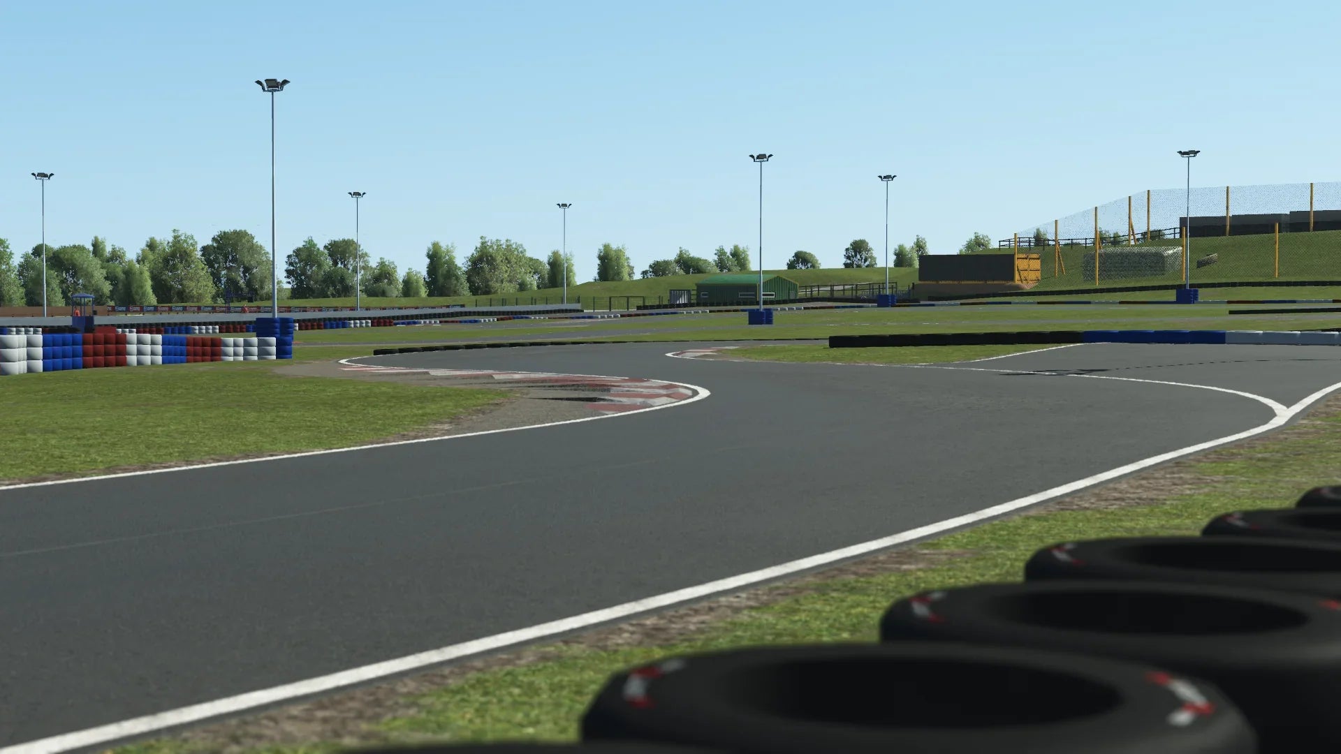 Mid-section of the Warden Law track during dry simulation with tyre walls and track markings.