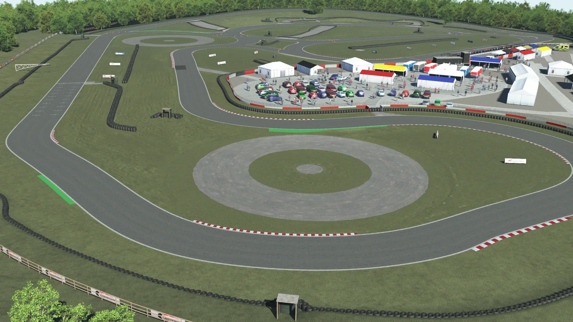 Wide aerial view of Wigan’s Three Sisters circuit – Overlooking the full track layout, with sweeping straights, technical corners, and the surrounding greenery, all rendered in stunning detail.