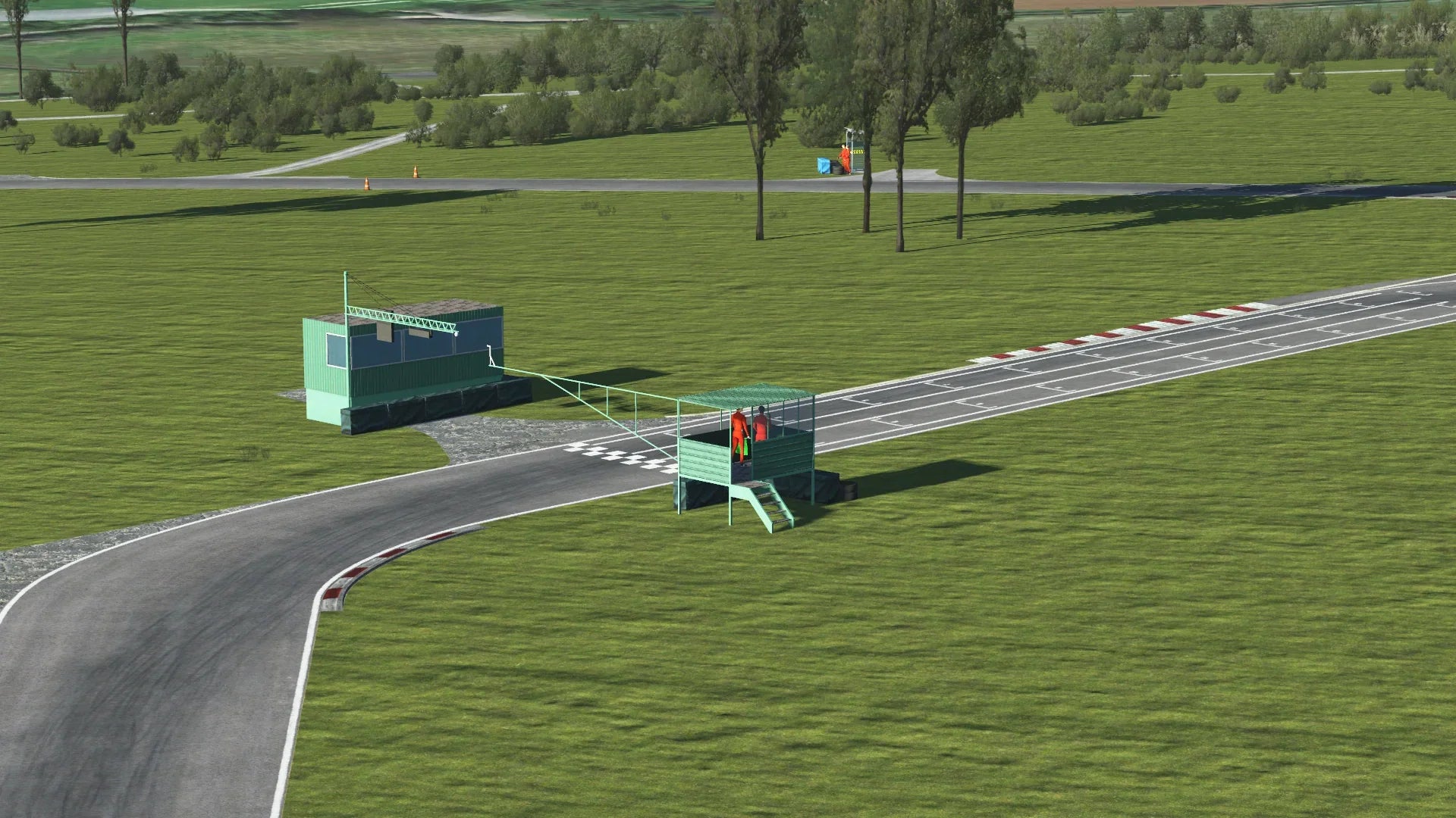 Marshals visible along Forest Edge's curved sections, with tyre barriers, signage, and tall trees outlining the track perimeter.
