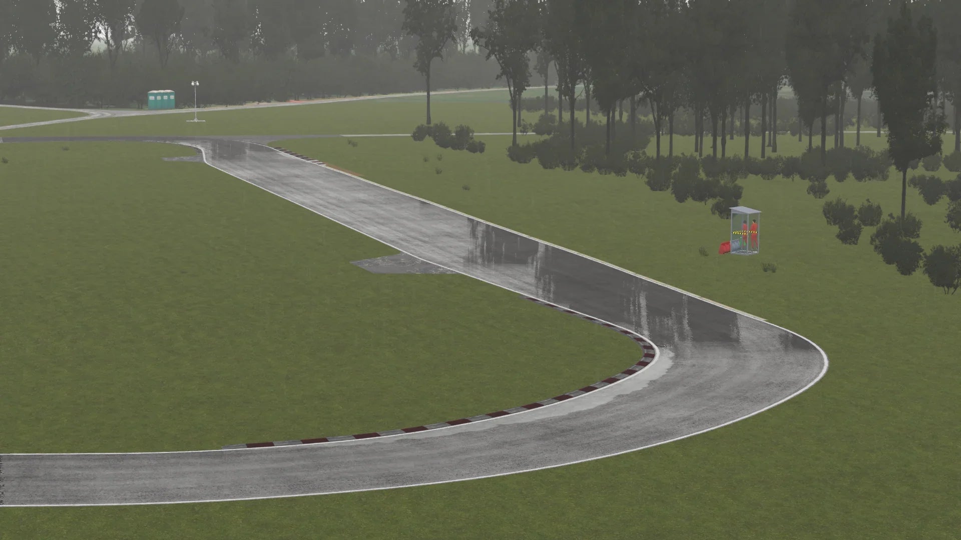 Overhead perspective of Forest Edge under overcast weather, with full track layout visible including inner loop and marshalling points.