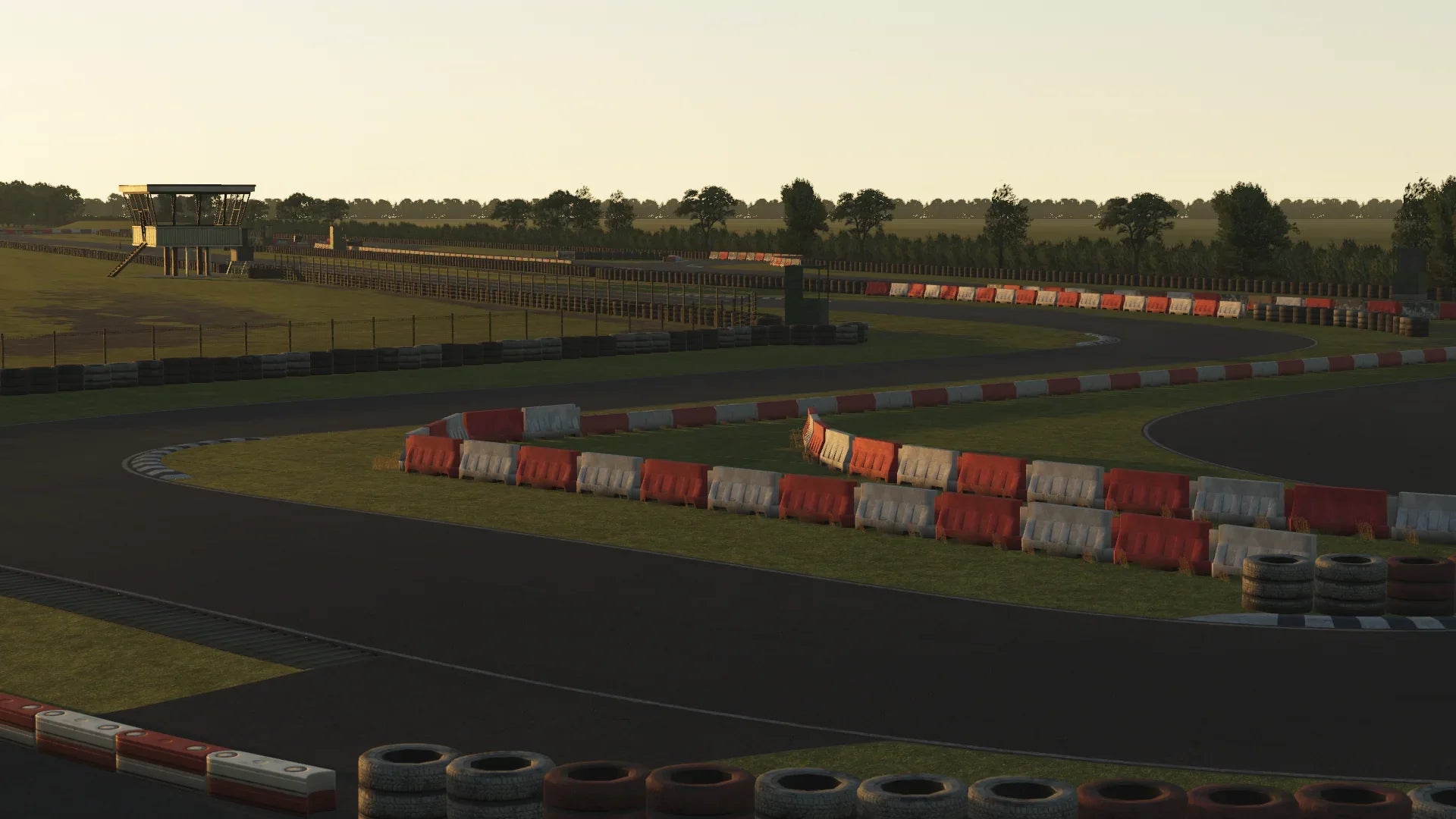 Wide view of Fulbeck’s main straight, marshal posts and iconic control tower, captured during golden hour.
