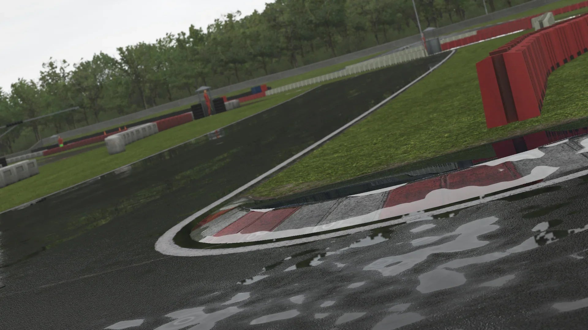 Detailed rendering of a wet apex section at Larkhall, showing standing water, slick conditions, and kerb reflections in the KartSim softw