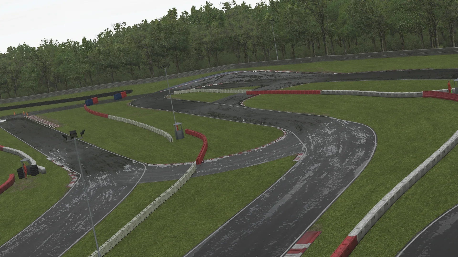 Realistic simulation of Larkhall kart circuit in wet weather, showing glistening tarmac, elevation dips, and detailed curbing.