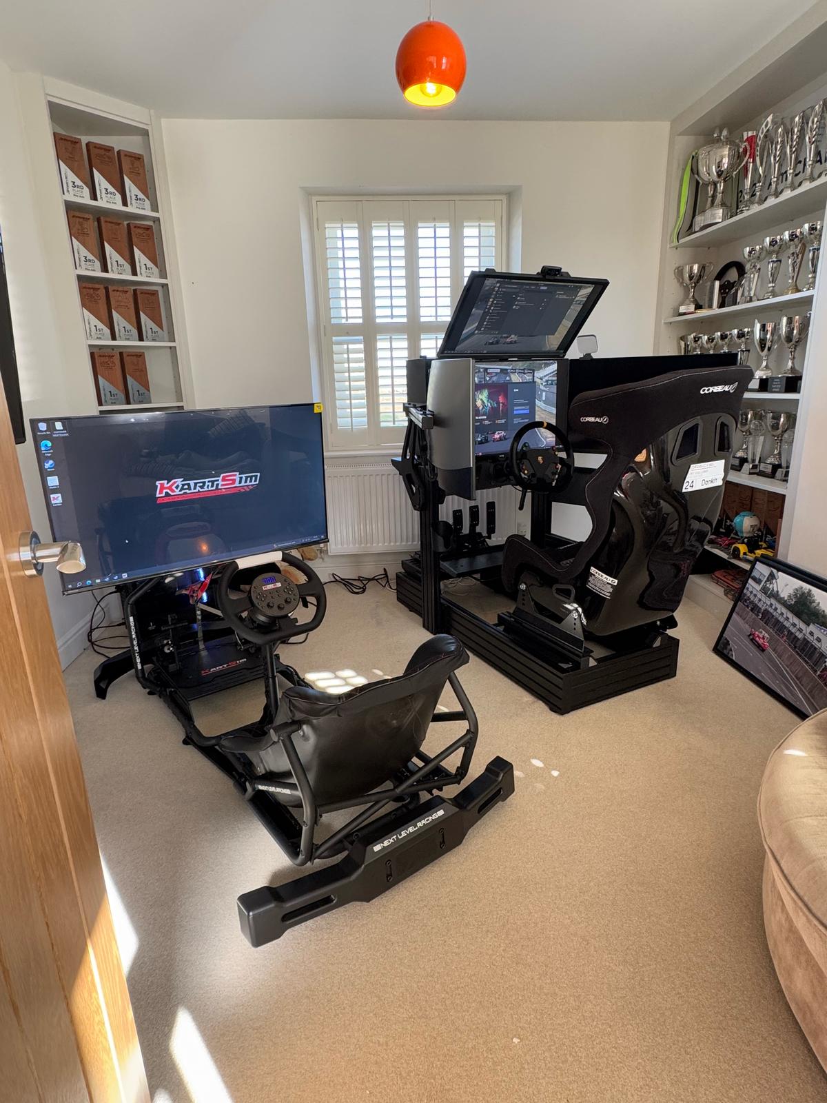 KartSim Esports Simulator delivery and home installation – complete setup with racing seat, direct drive steering, pedals, and display for competitive online kart racing
