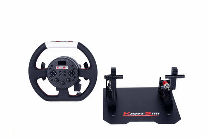 KartSim eSports simulator bundle showing a professional karting wheel with table clamp and a dual-pedal load cell system, designed for high-performance racing simulation.