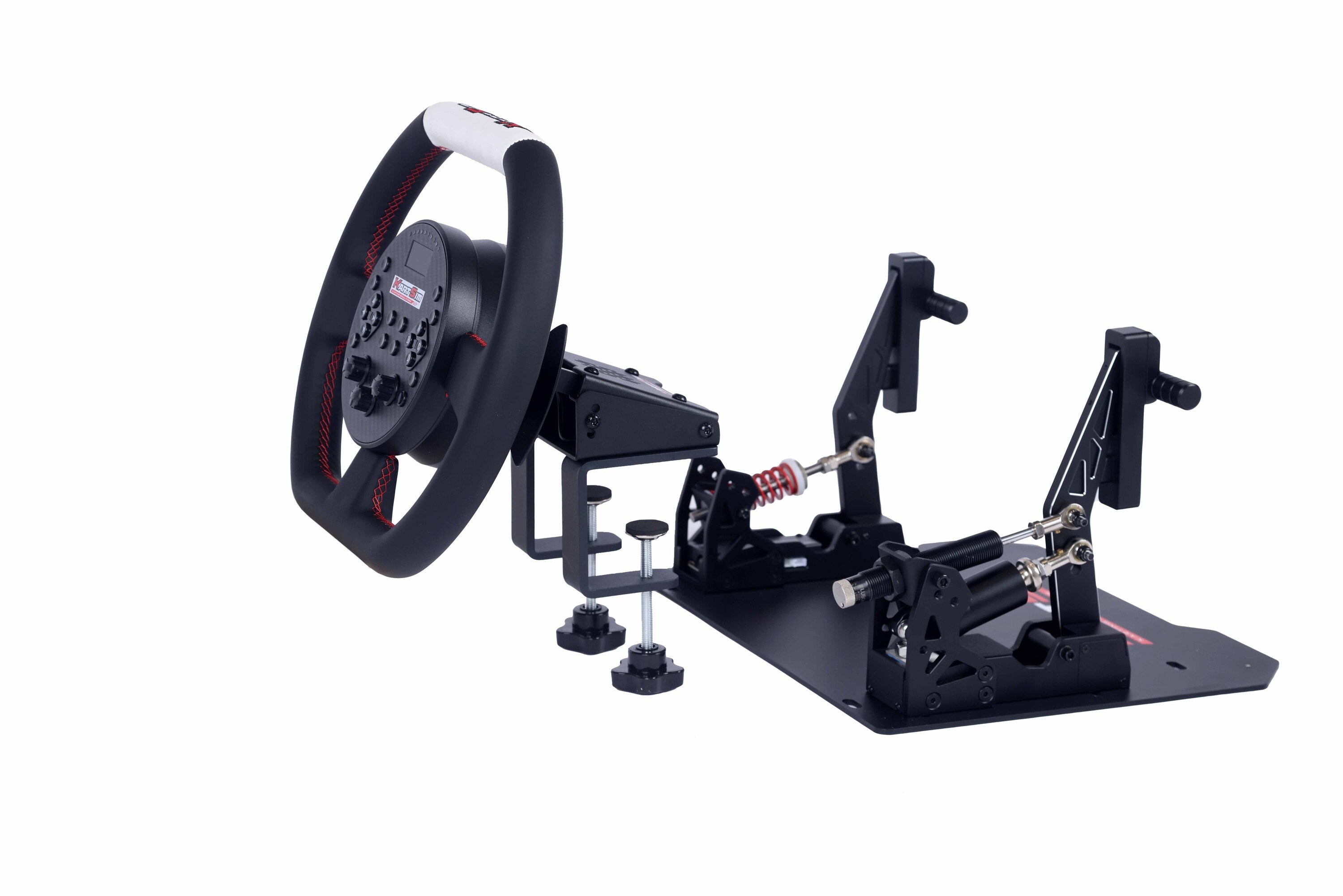 KartSim eSports simulator bundle showing a professional karting wheel with table clamp and a dual-pedal load cell system, designed for high-performance racing simulation.